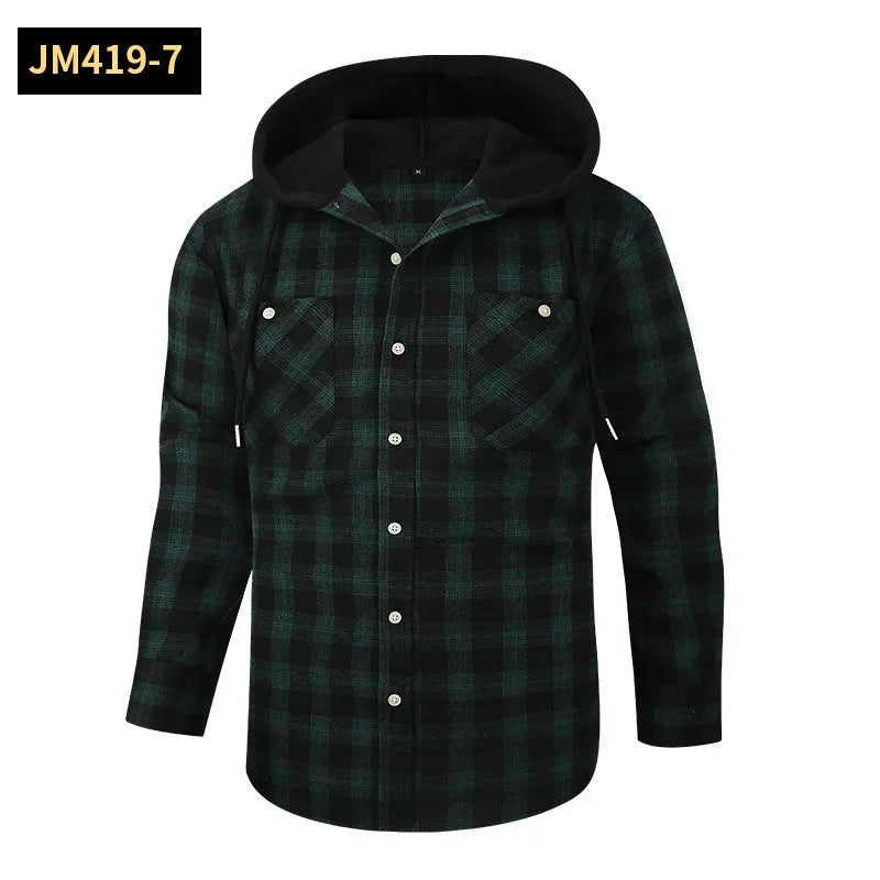 Loose fit casual flannel hooded plaid shirt in polyester with multiple colour options