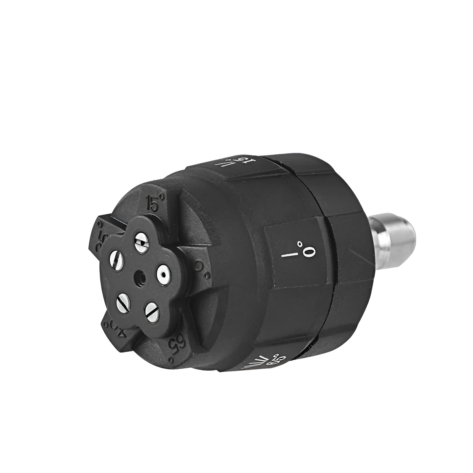 Multi-functional five-pattern high-pressure water gun spray nozzle made from black engineering plastic.