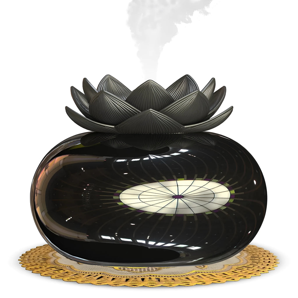 Pure black round USB aromatherapy humidifier with ultrasonic mist outlet.