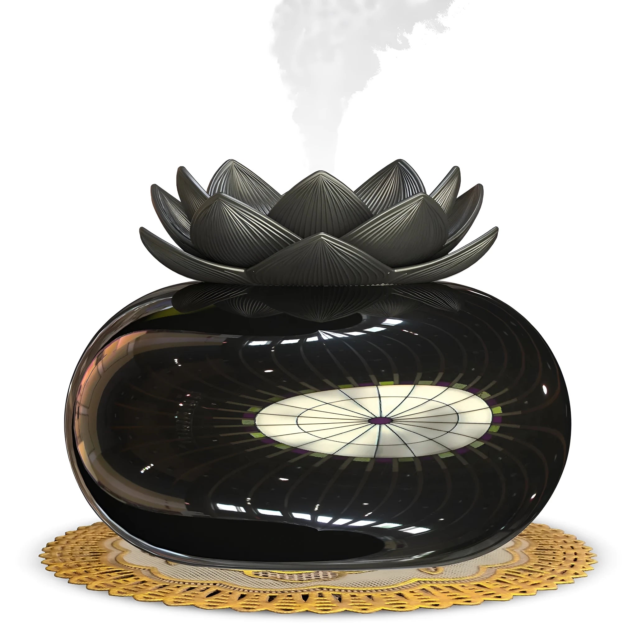Pure black round USB aromatherapy humidifier with ultrasonic mist outlet.