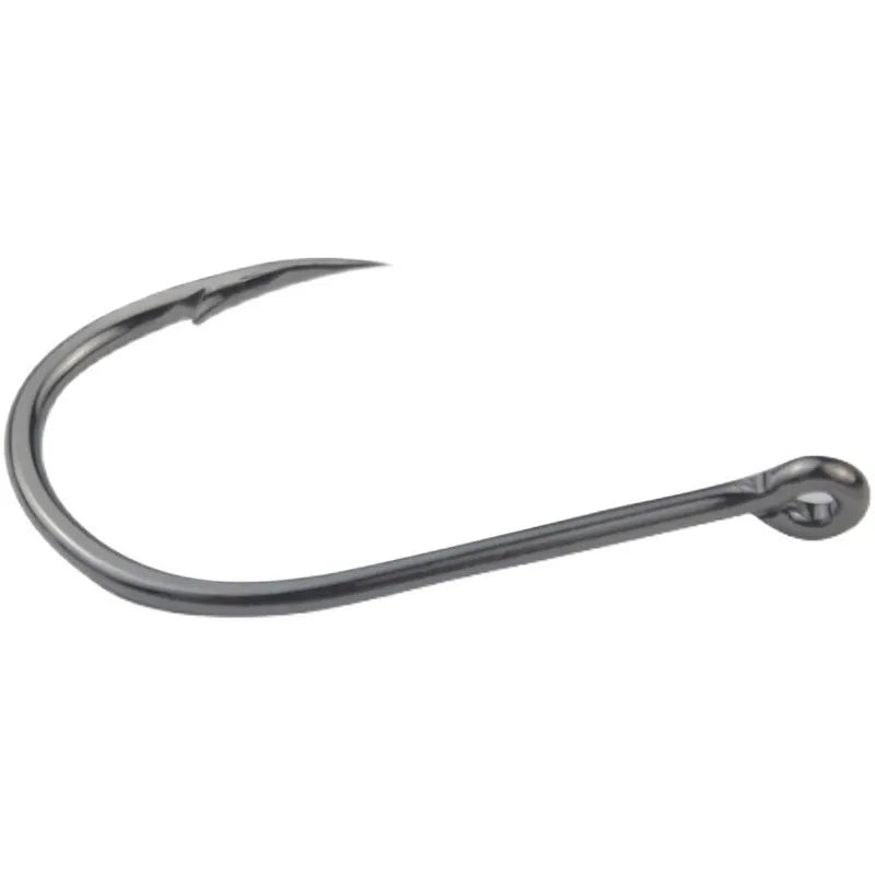 Barbed sea fishing hooks with ring eye and crooked point in a bulk pack for rock and saltwater fishing.