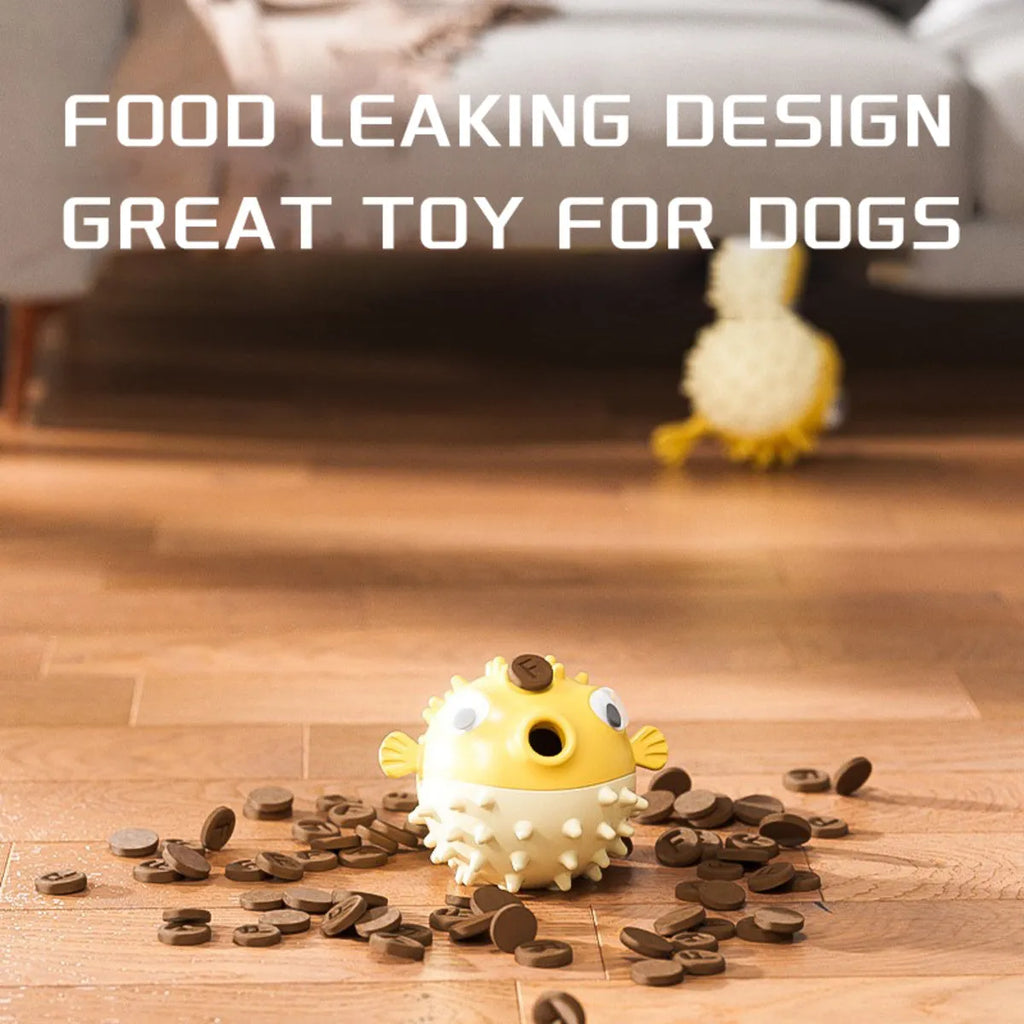 Yellow fish-shaped durable vinyl dog chew toy with textured surface and squeaker.