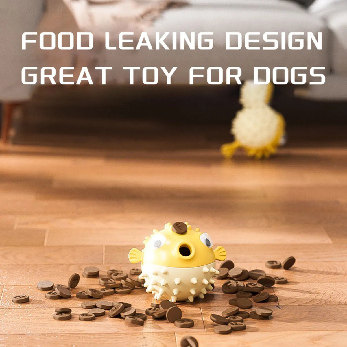 Yellow fish-shaped durable vinyl dog chew toy with textured surface and squeaker.