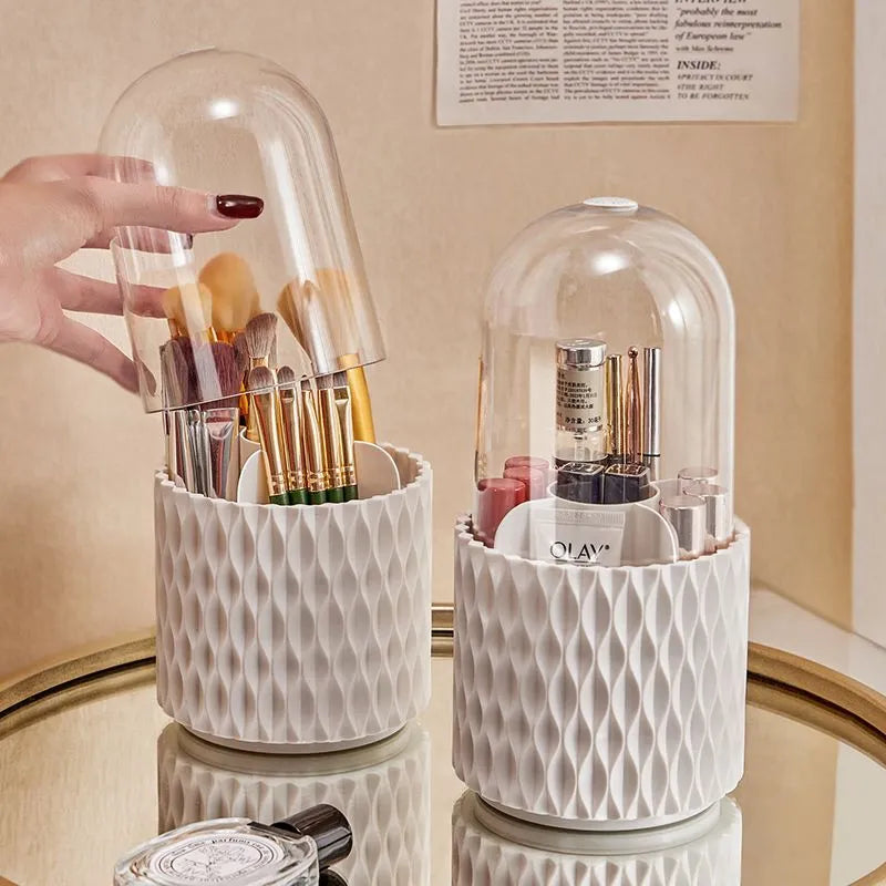 White rotating transparent acrylic makeup brush storage box with dustproof lid on desktop