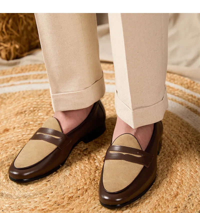 Coffee grey suede leather loafers with a slip-on design and rubber sole