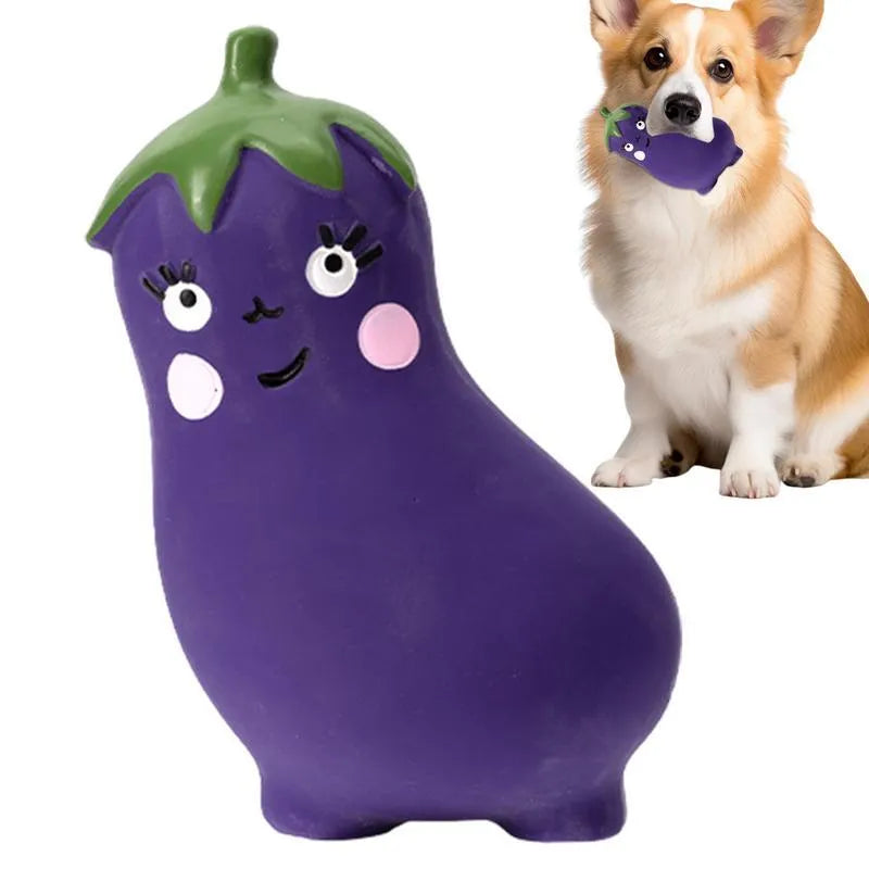 Latex vegetable dog chew toys showing cartoon onion and eggplant designs in green, orange and purple colours