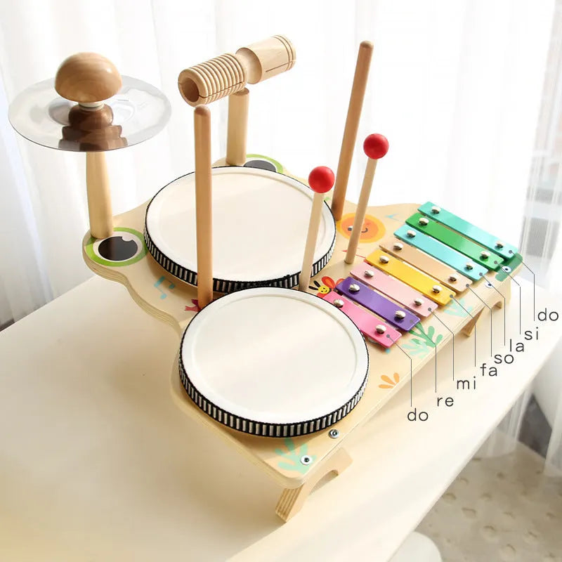 Wooden frog multifunctional drum kit early educational toy set, 33 x 30 x 23cm, in colour box