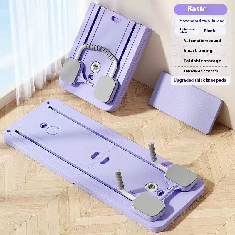 Standard purple household fitness board with automatic rebound abdominal wheel on a stable PP plastic base.