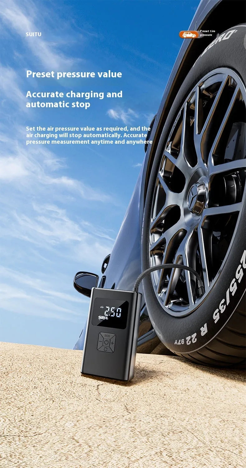 Portable small wireless digital display car inflatable air pump with LED light and pressure gauge, ABS construction