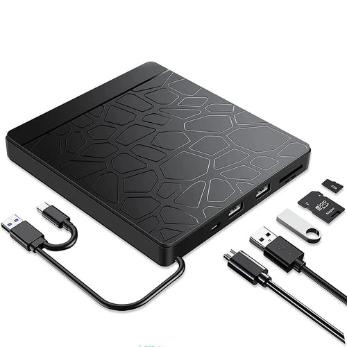 Black 5-in-1 external optical drive for notebook computer with dual interface, size 15.4x14.3x1.8cm