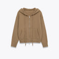 Women's camel zipper knit hooded sweatshirt with spandex fabric, short length 40cm, long sleeves