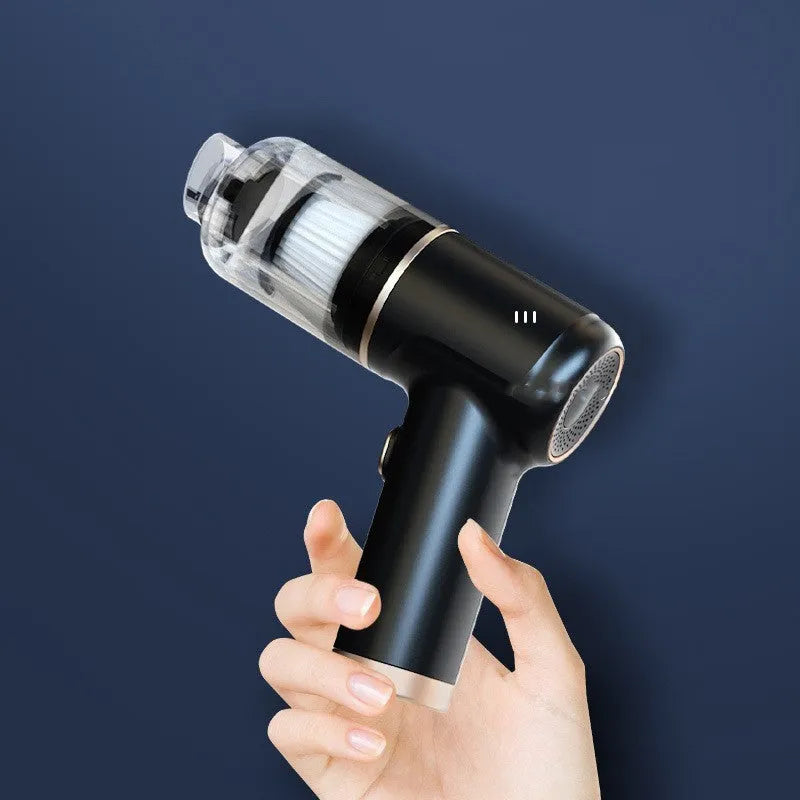 Black wireless handheld car vacuum cleaner with multiple nozzle attachments for interior cleaning