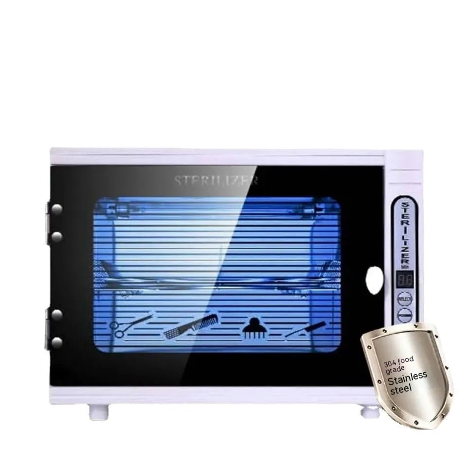 Small silver ultraviolet sterilizer with stainless steel chamber for nail salon and barber tools