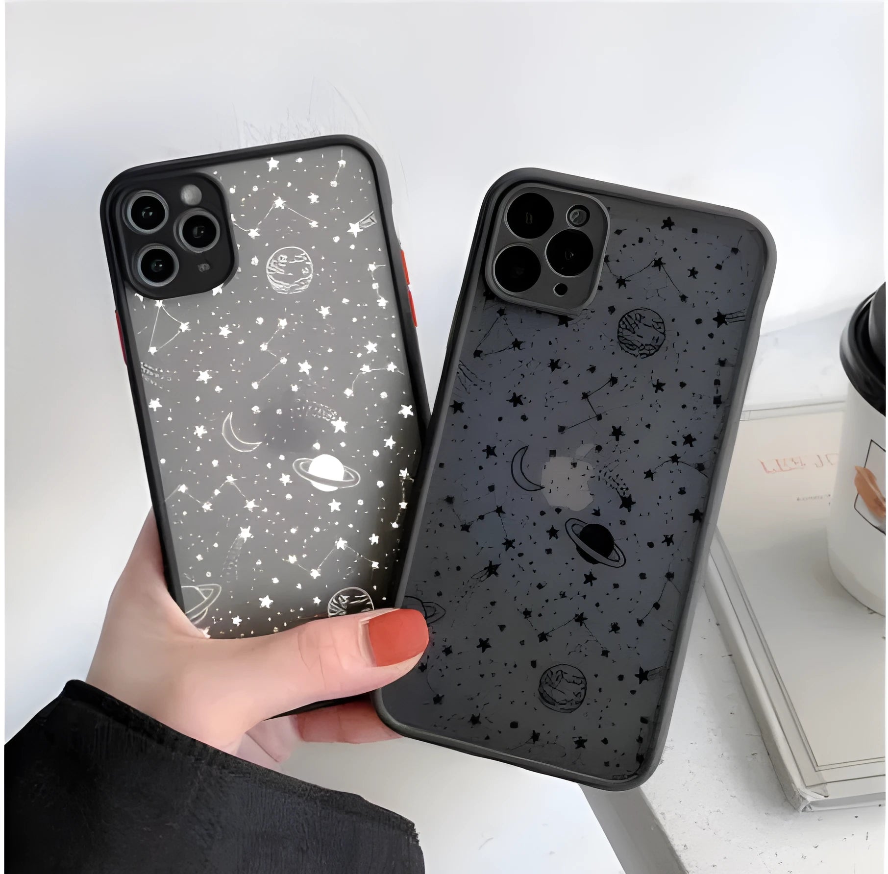 Black star universe design textured hard case for iPhone 13 Pro Max on a white background.