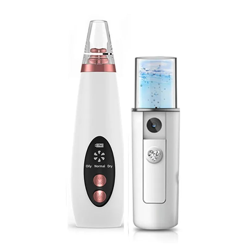 White multi-functional facial beauty instrument with LED colour light, acne needle, blackhead suction and shoveling machine attachments on table