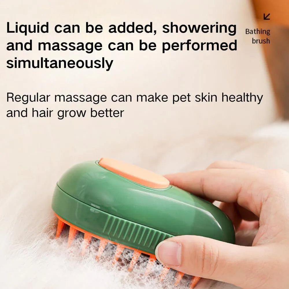 Green and white rechargeable 3-in-1 cat steam brush with silicone teeth and water spray.
