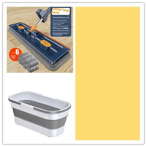 Large flat mop with stainless steel handle and blue mop cloth on hard floor