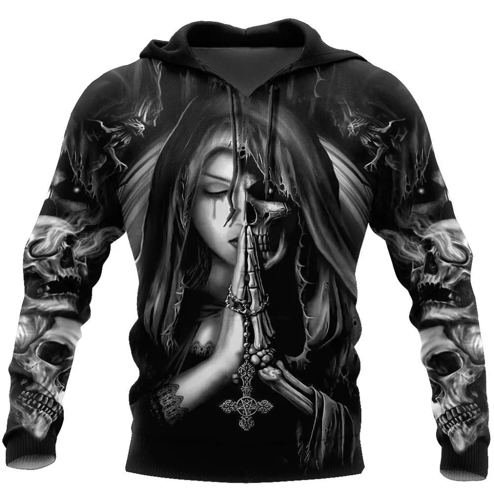 Halloween anime graphic hooded sweatshirt with a raised 3D skull design on the front.