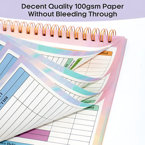 B5 budget tally book with blue PP cover and spiral binding open to show financial recording pages