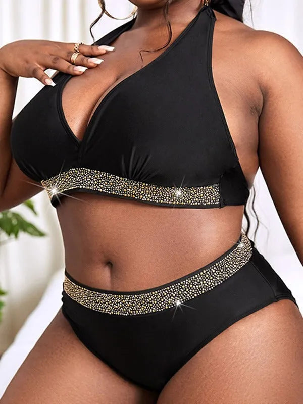 Black plus size women's swimsuit bikini with bra top and shorts