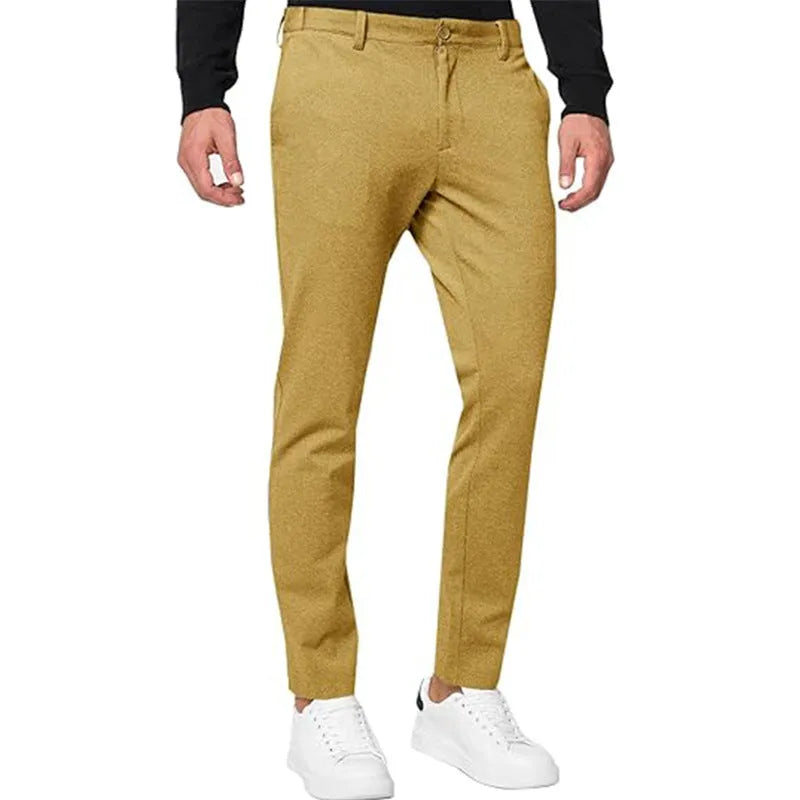 Men's slim-fit tapered chino trousers in khaki colour with pleated detail and zipper fly