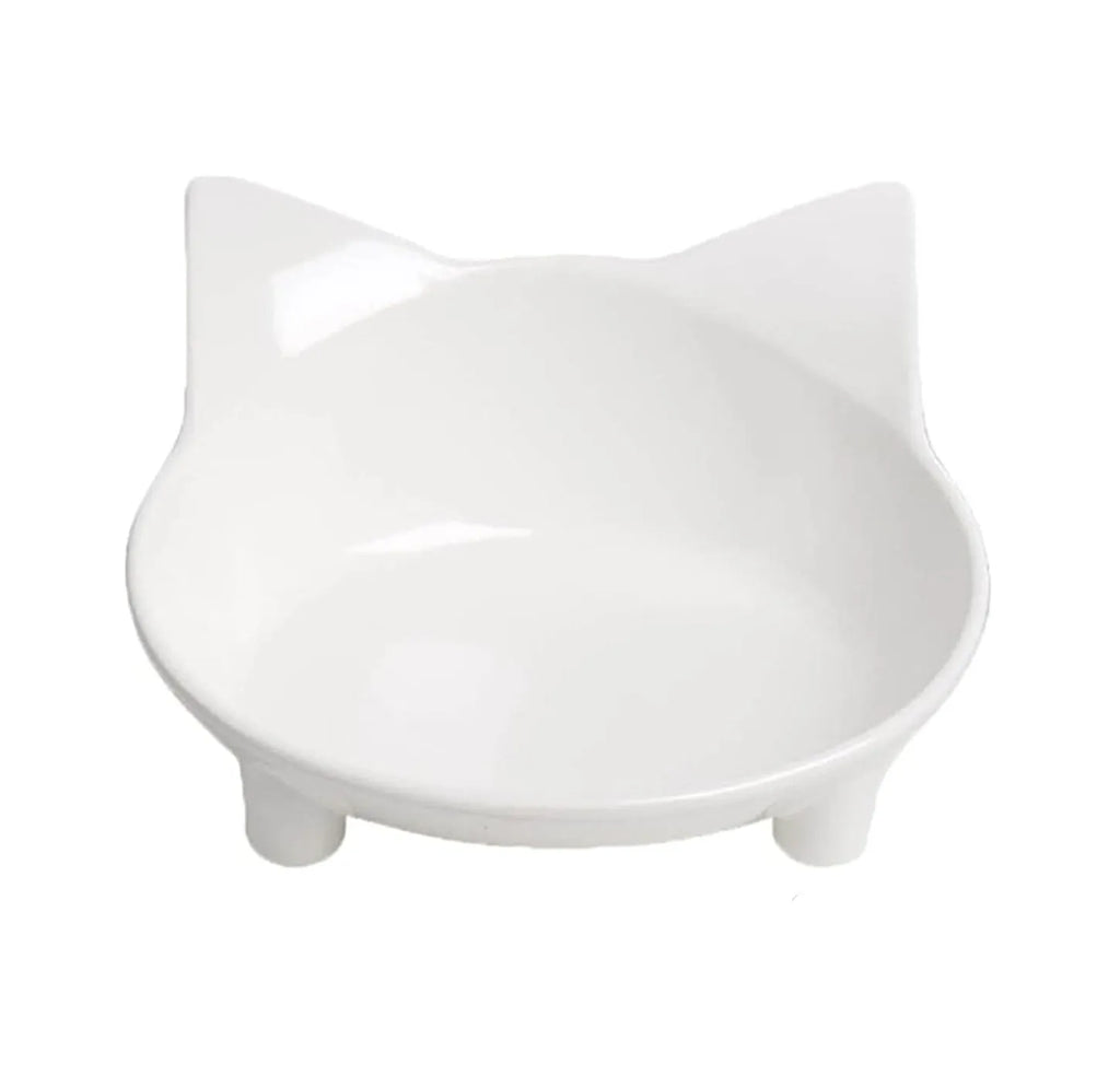Shallow white melamine cat bowl with non-slip rubber base on a floor