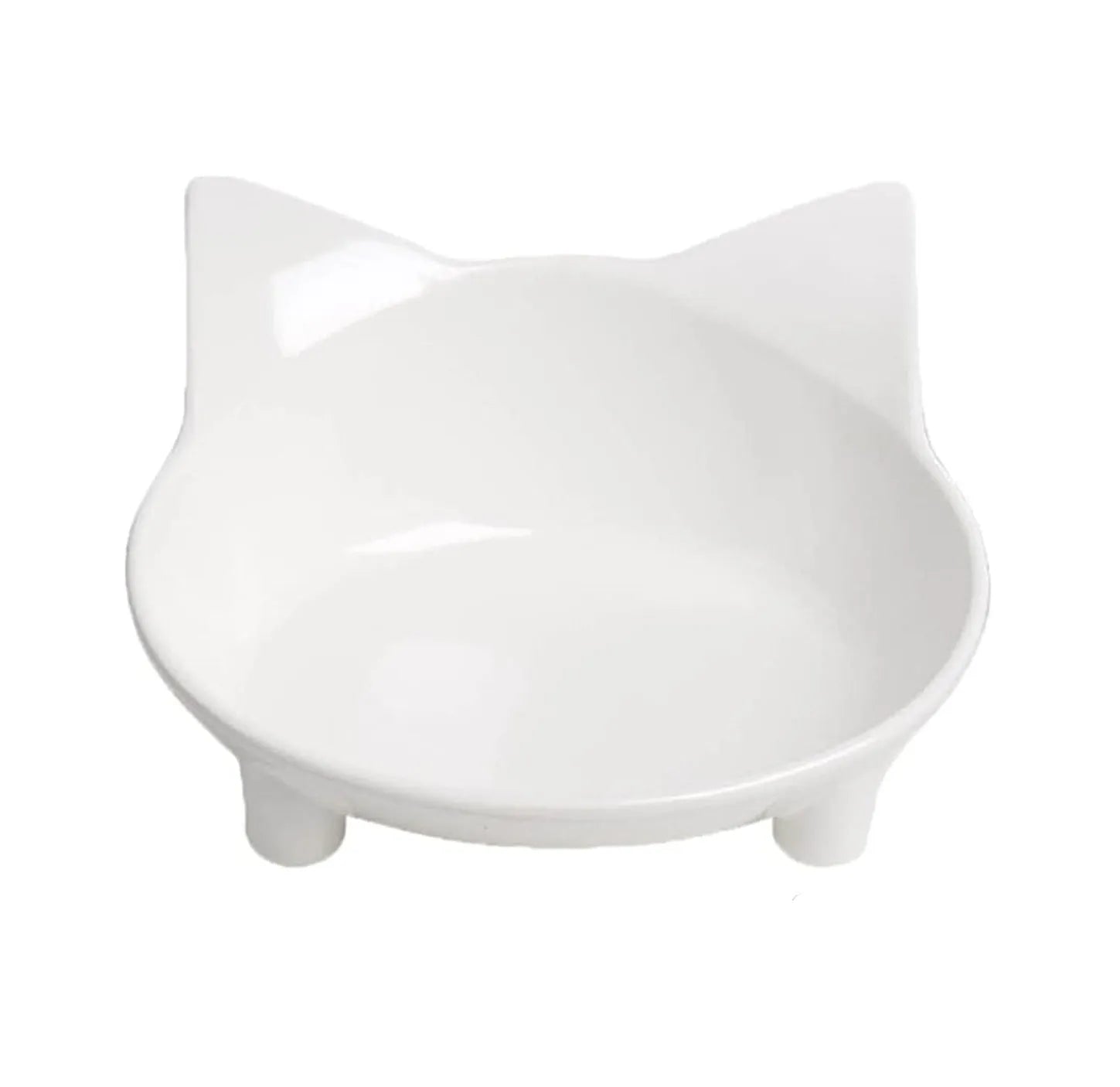Shallow white melamine cat bowl with non-slip rubber base on a floor