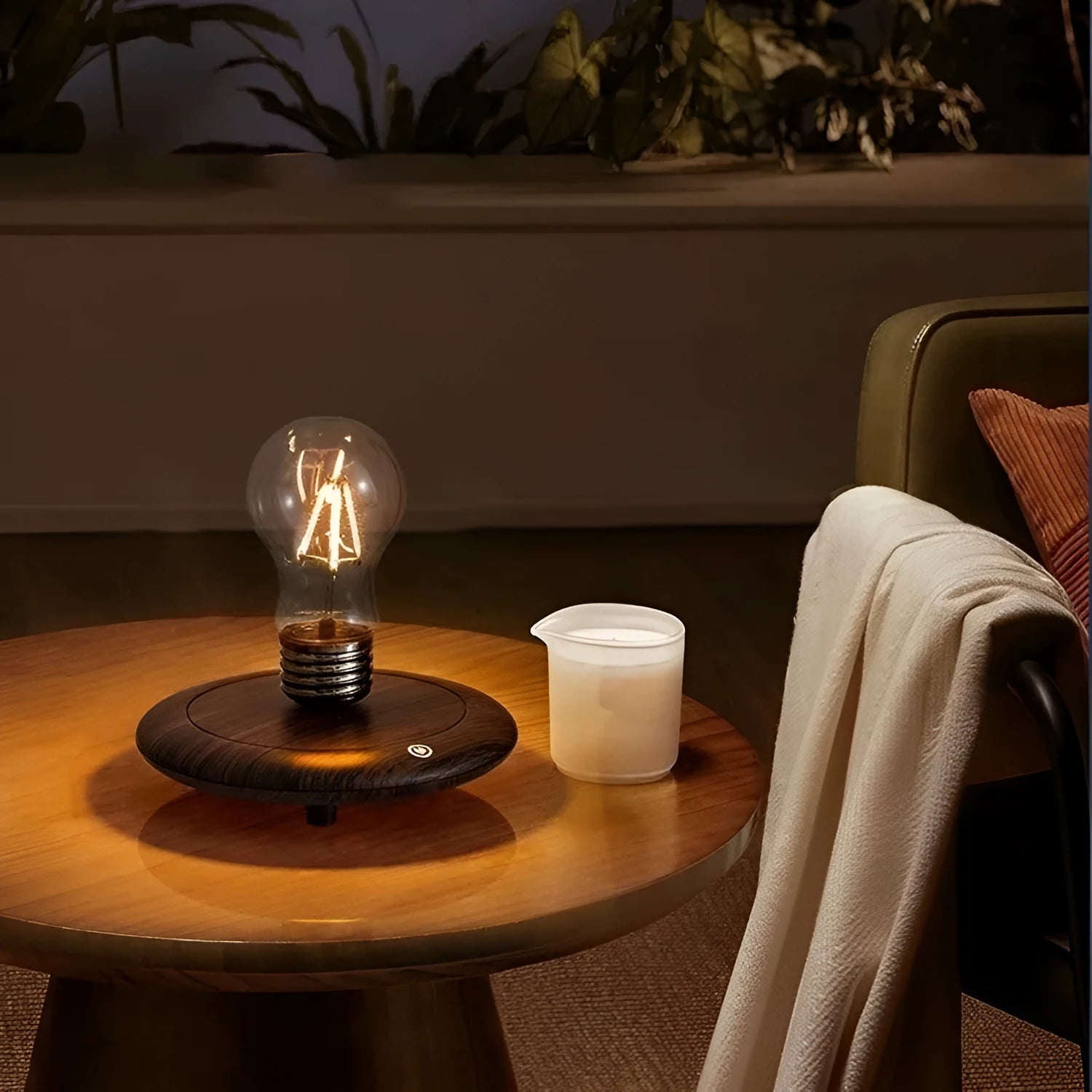 Black iron art suspension bulb night lamp on a wood grain base for desktop decoration.