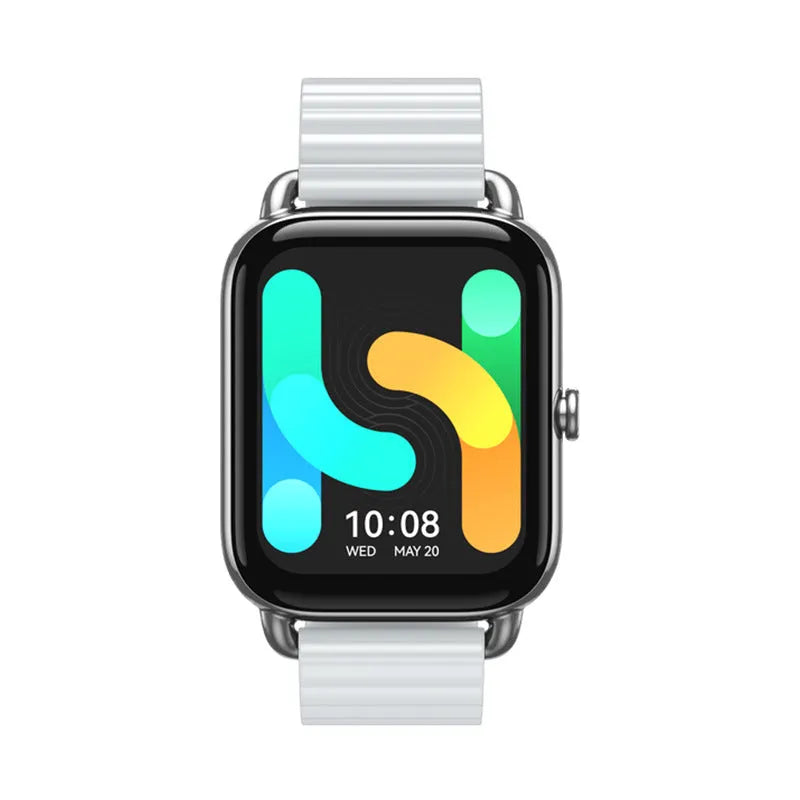 HAYLOU RS4 Plus black smartwatch with AMOLED display on a wrist, showing fitness stats.