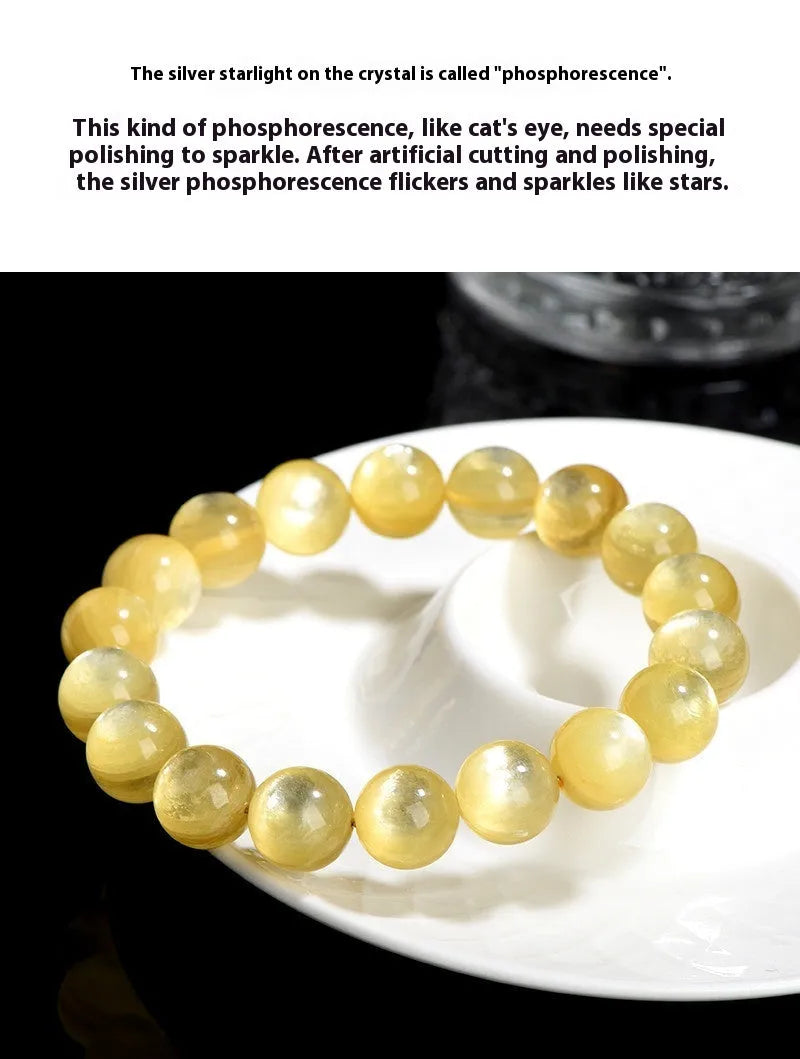 Yellow lepidolite mica bracelet with golden dragon design on round beads