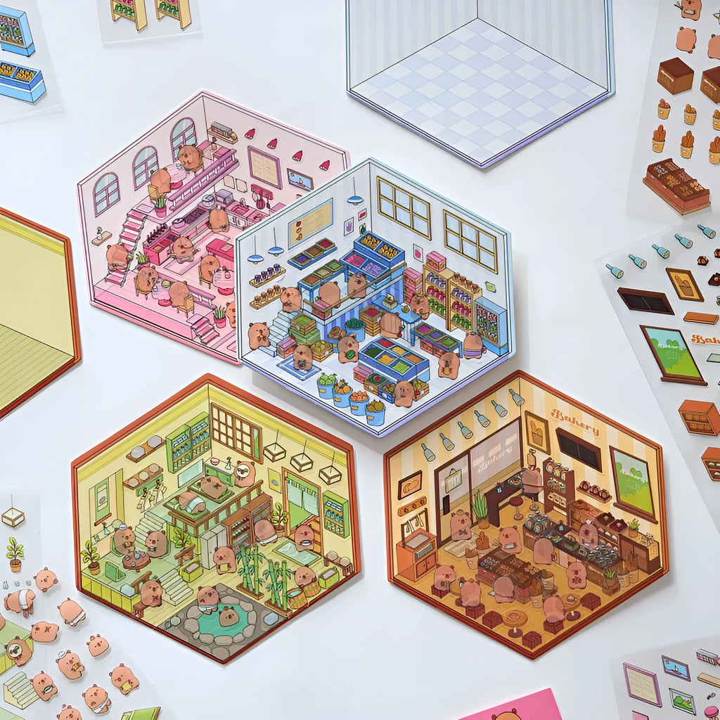 Capabala pre-cut three-dimensional cartoon shop landscape stickers in eight colour themes on a PET sheet.