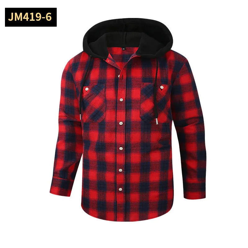 Loose fit casual flannel hooded plaid shirt in polyester with multiple colour options