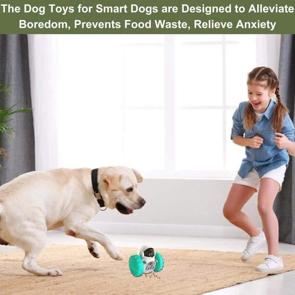 Robot-designed self-balancing dog treat dispenser toy for small pets showing dimensions