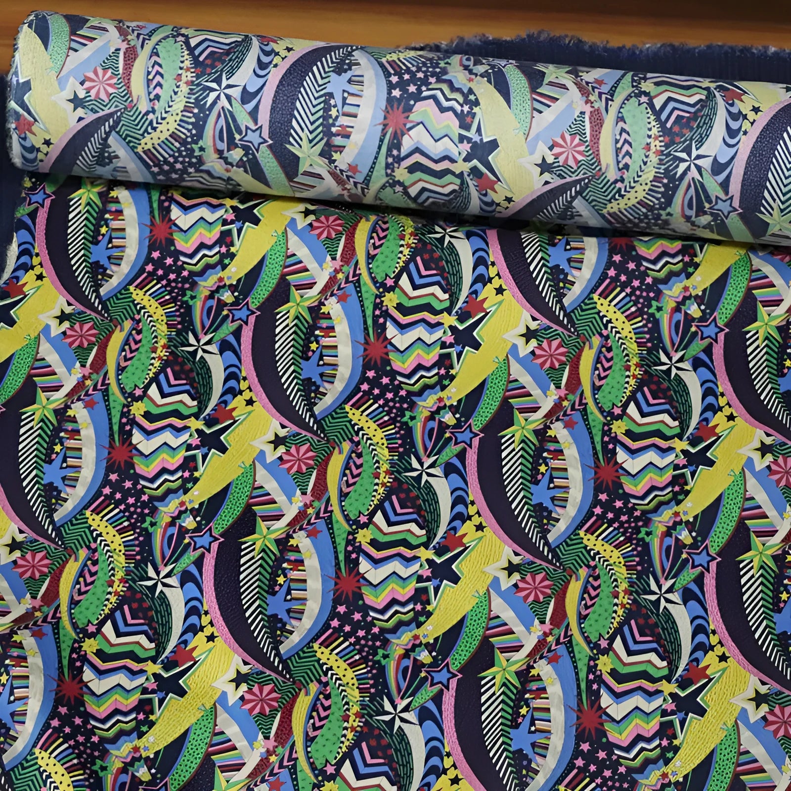 Blue cotton fabric with plant and flower digital print showing 145cm width measurement