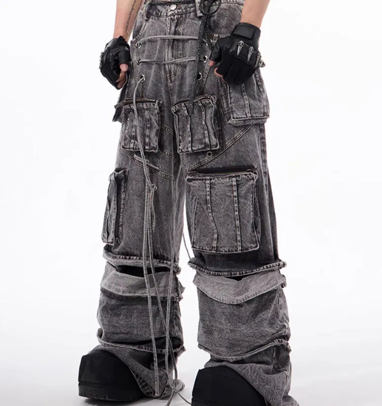 Grey distressed denim overalls with rope stitching and mop pant design