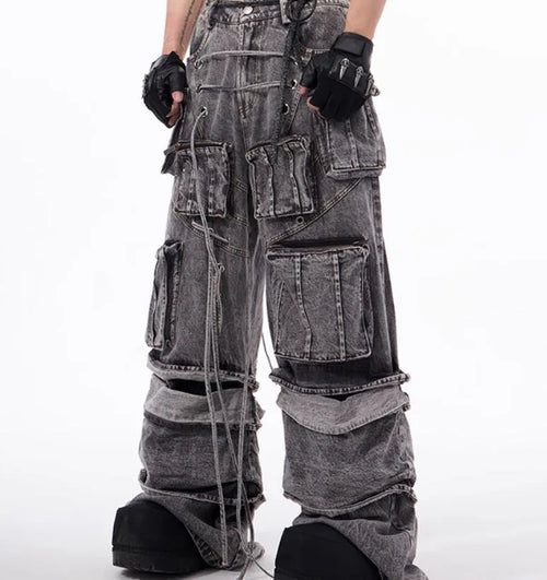Grey distressed denim overalls with rope stitching and mop pant design