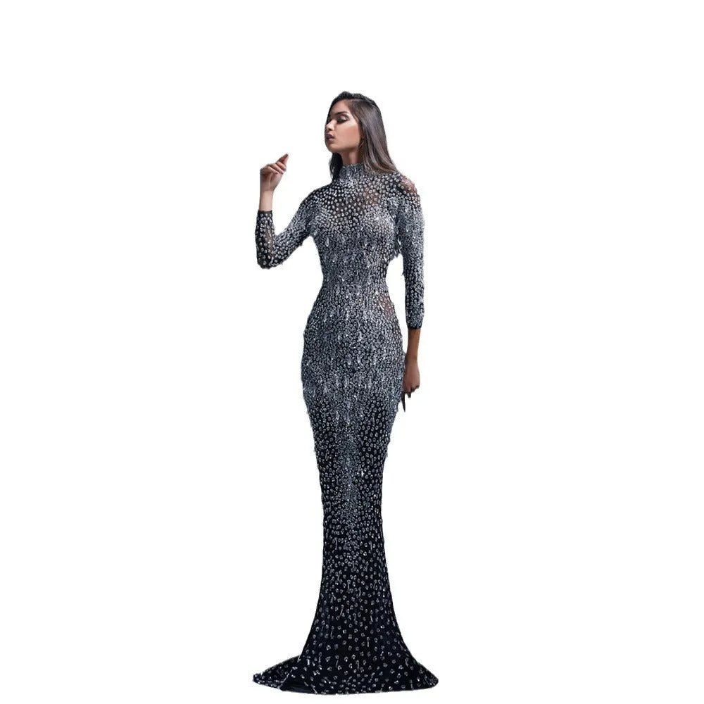Women's bronzing long sleeve slim fit evening dress in khaki or black with mid waist, long skirt and zip detail, sizes S-XXL