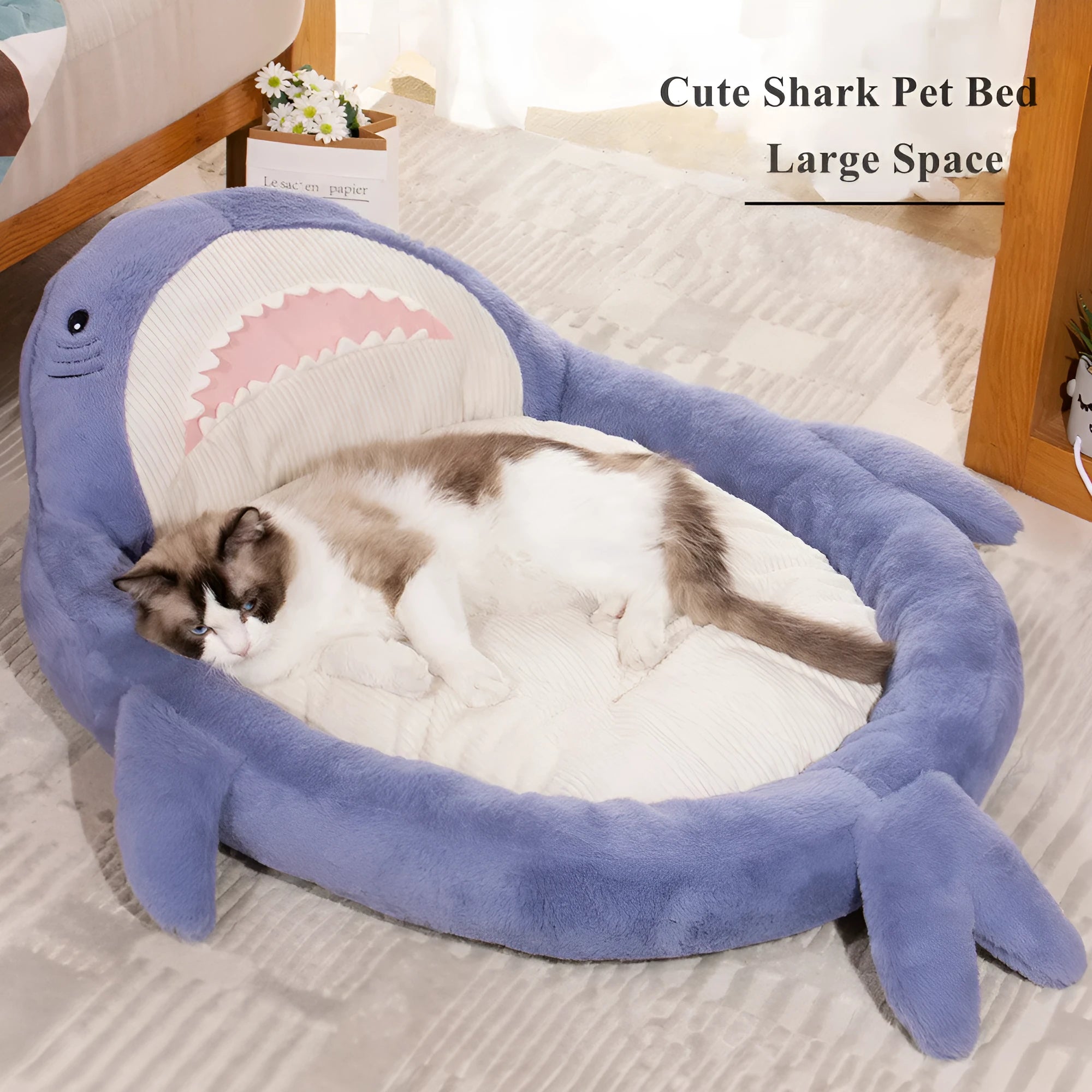 Shark pattern pet bed cushion in blue or grey with non-slip base for dogs and cats