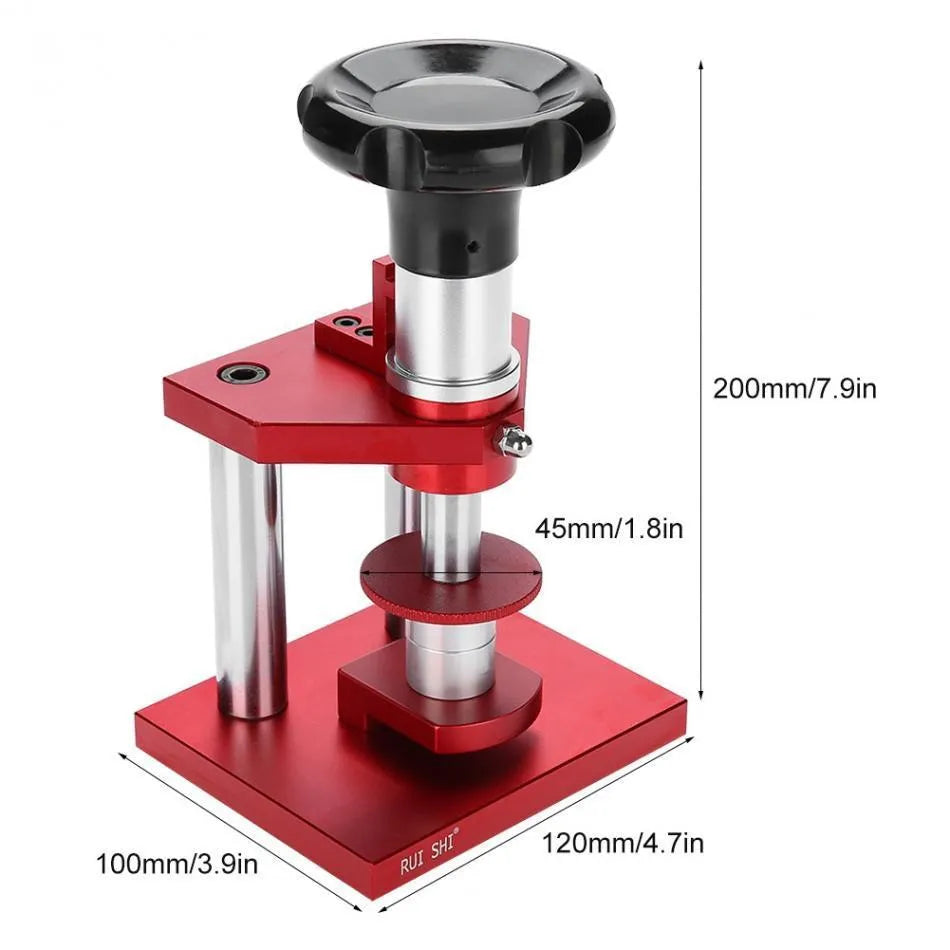 Watch repair spiral cap presser device with a set of 20 plastic moulds for watch backs.