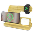 Bamboo three-in-one wireless charger bracket in wheat colour with devices on stand