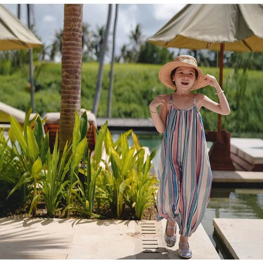 Colourful vertical stripe halter dress for girls, polyester trouser-length style
