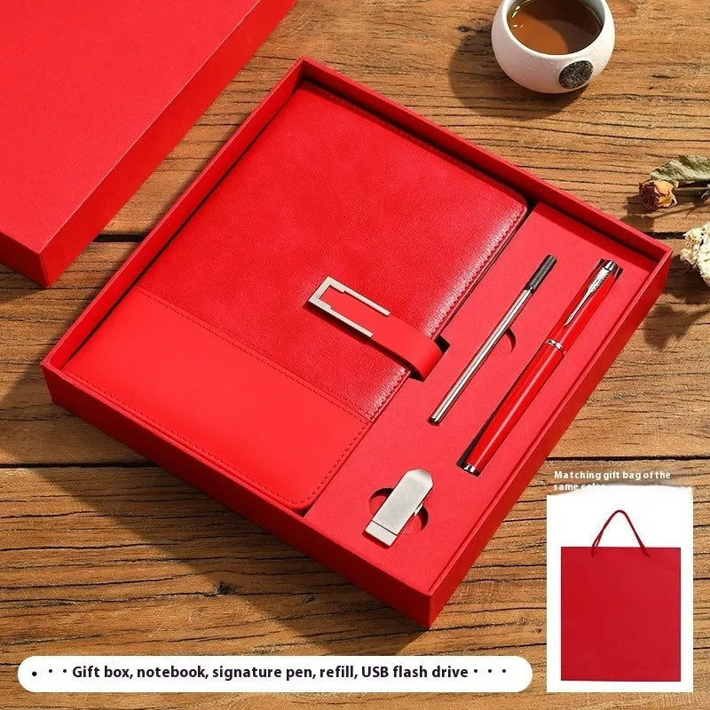 A5 leather notebook in choice of colours with gift box, open to show wood-free paper.
