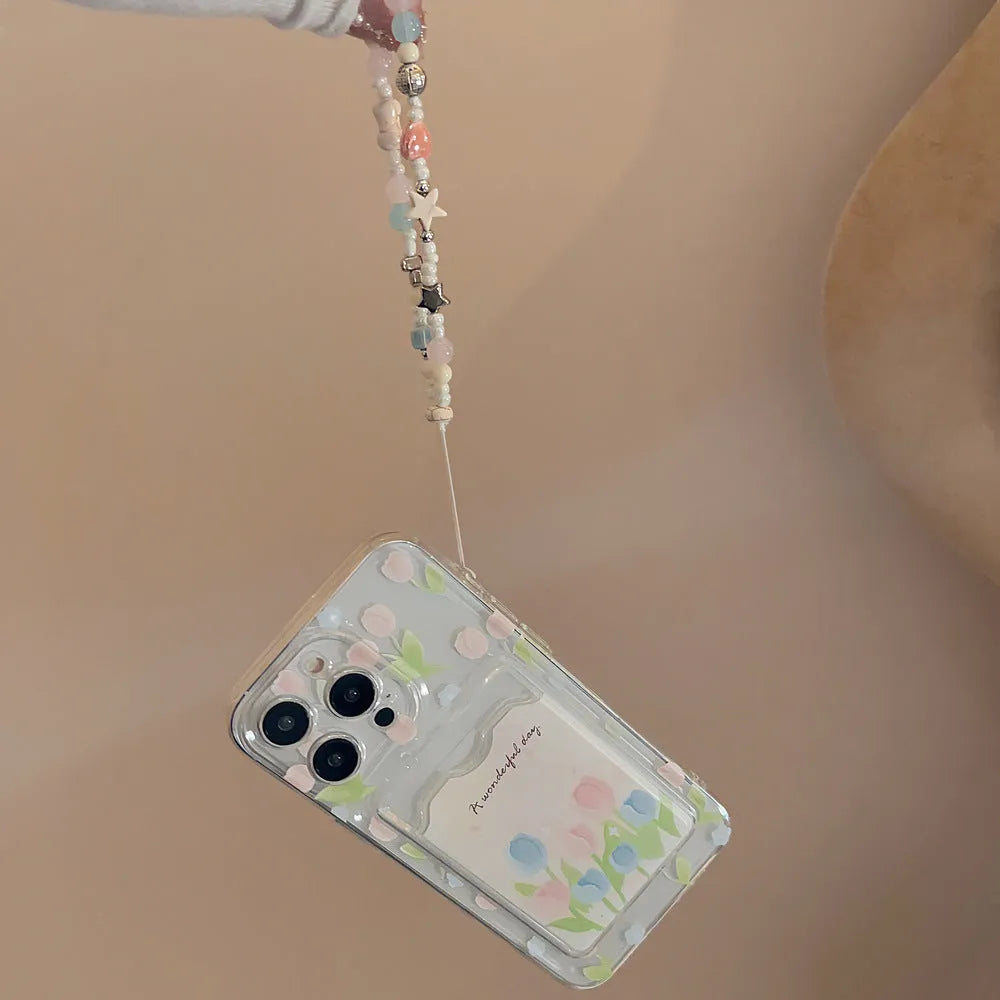 Tulip flower card holder transparent phone case TPU soft shell for iPhone with painted tulip design and ocean star beaded option
