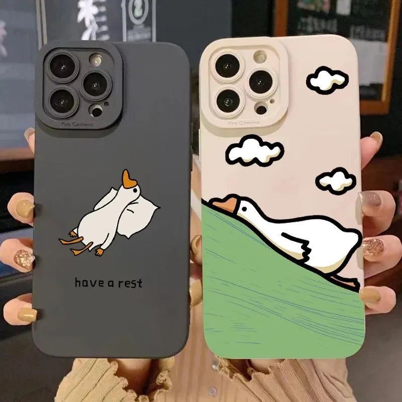 Creative cartoon duck TPU phone case for Apple iPhone in black, white and blue with carved animal design