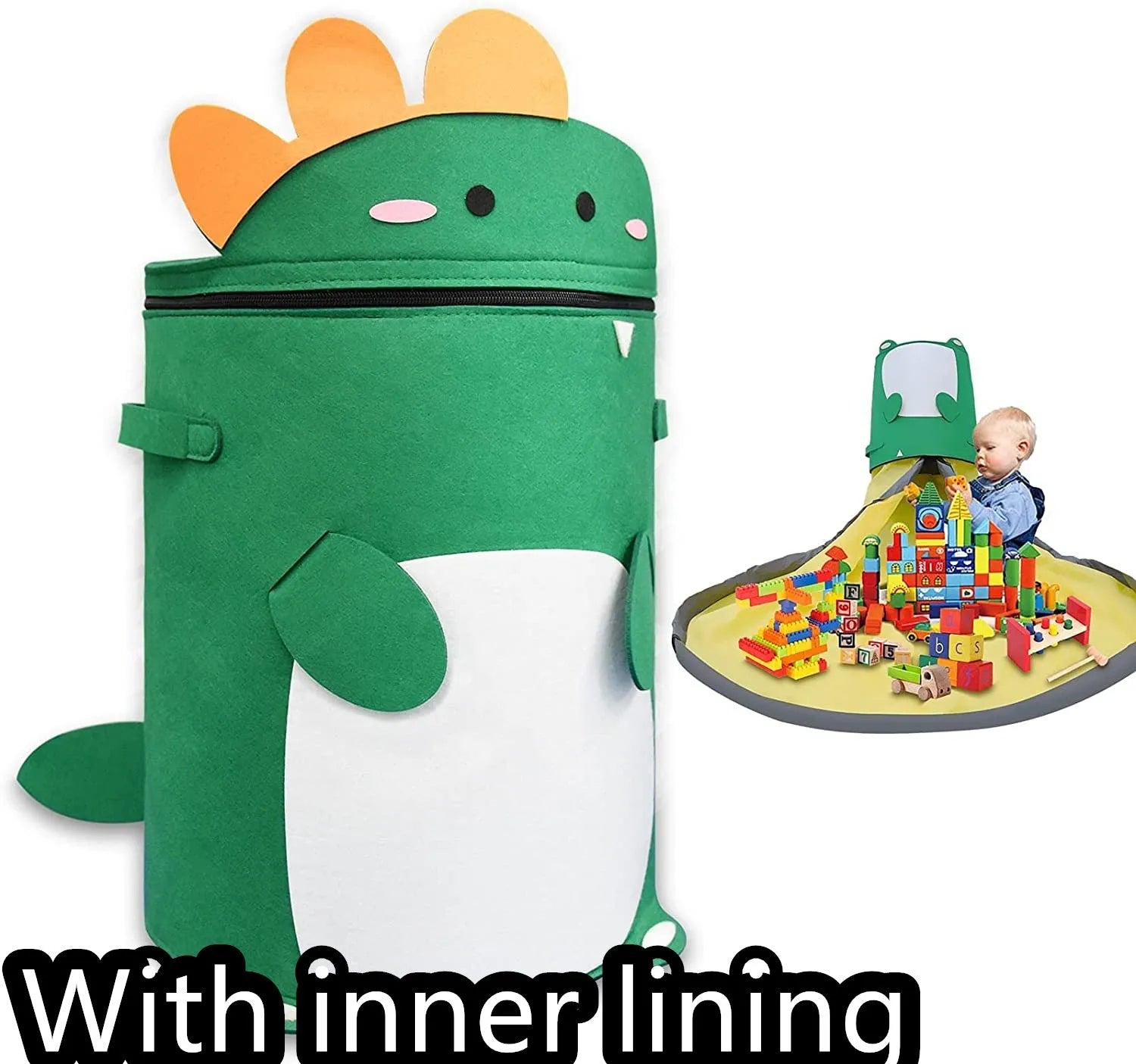 Green felt cube storage bag with pull rope, shown both as a closed bag and flattened as a play mat.