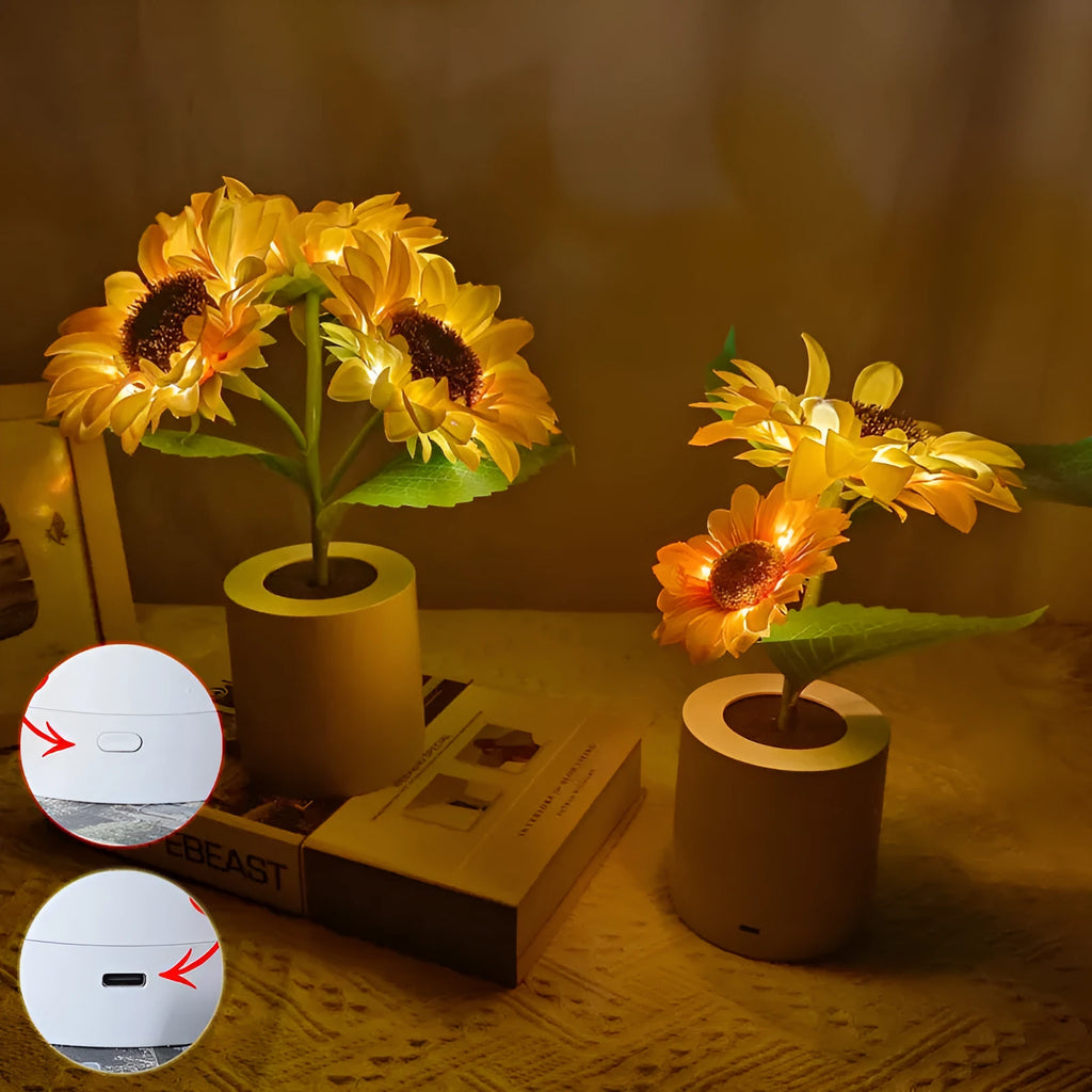 USB rechargeable artificial sunflower LED night light on table with decorative flower design