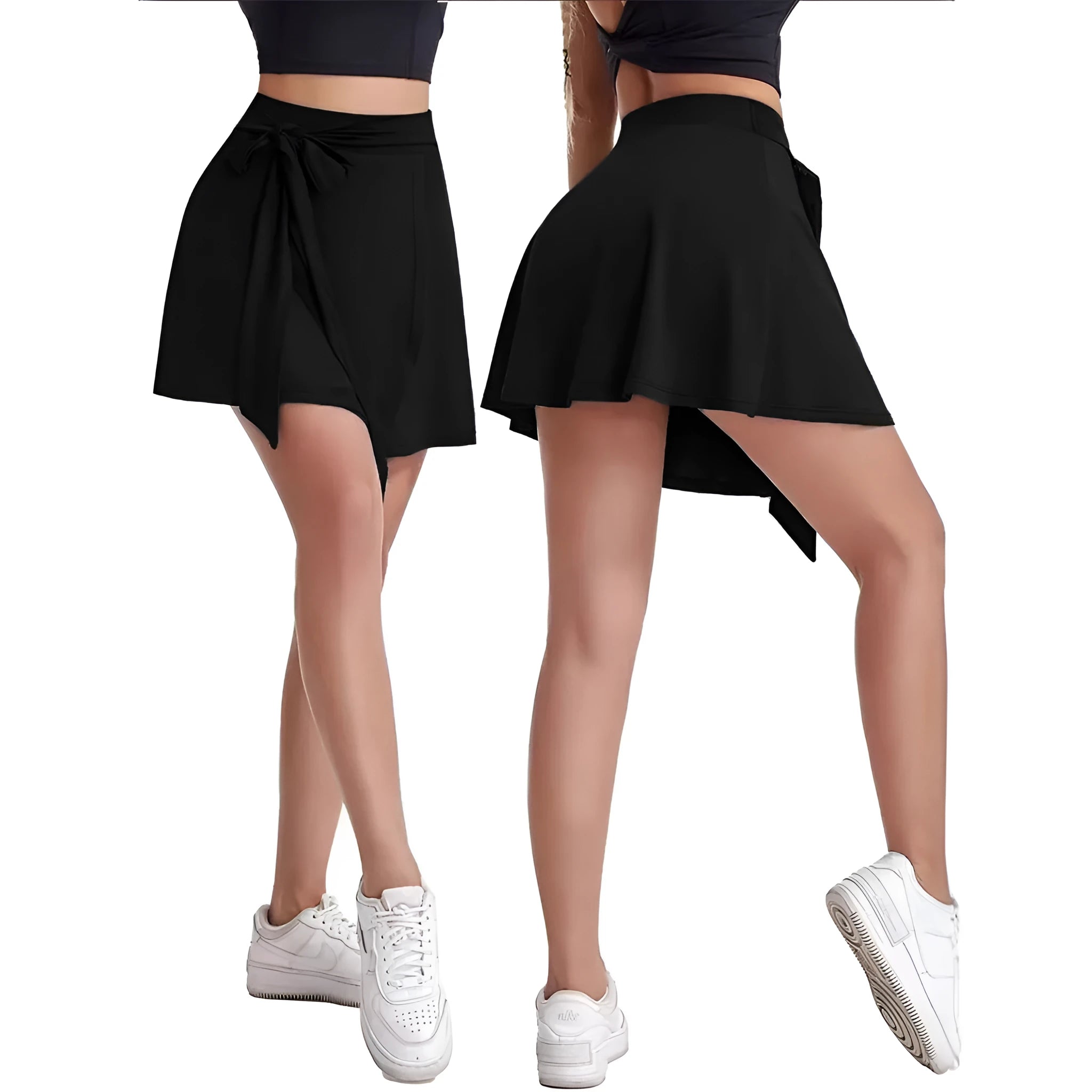 Black thigh-length sports skirt with high waist and shoulder strap detail on a model.