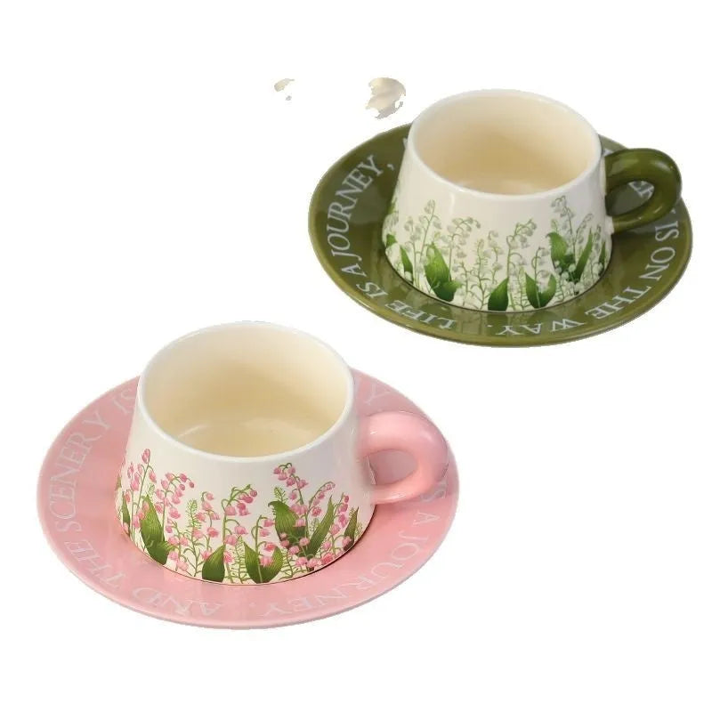 Ceramic coffee cup and saucer set for two with matching spoons in Campanula or Lanling Grass design