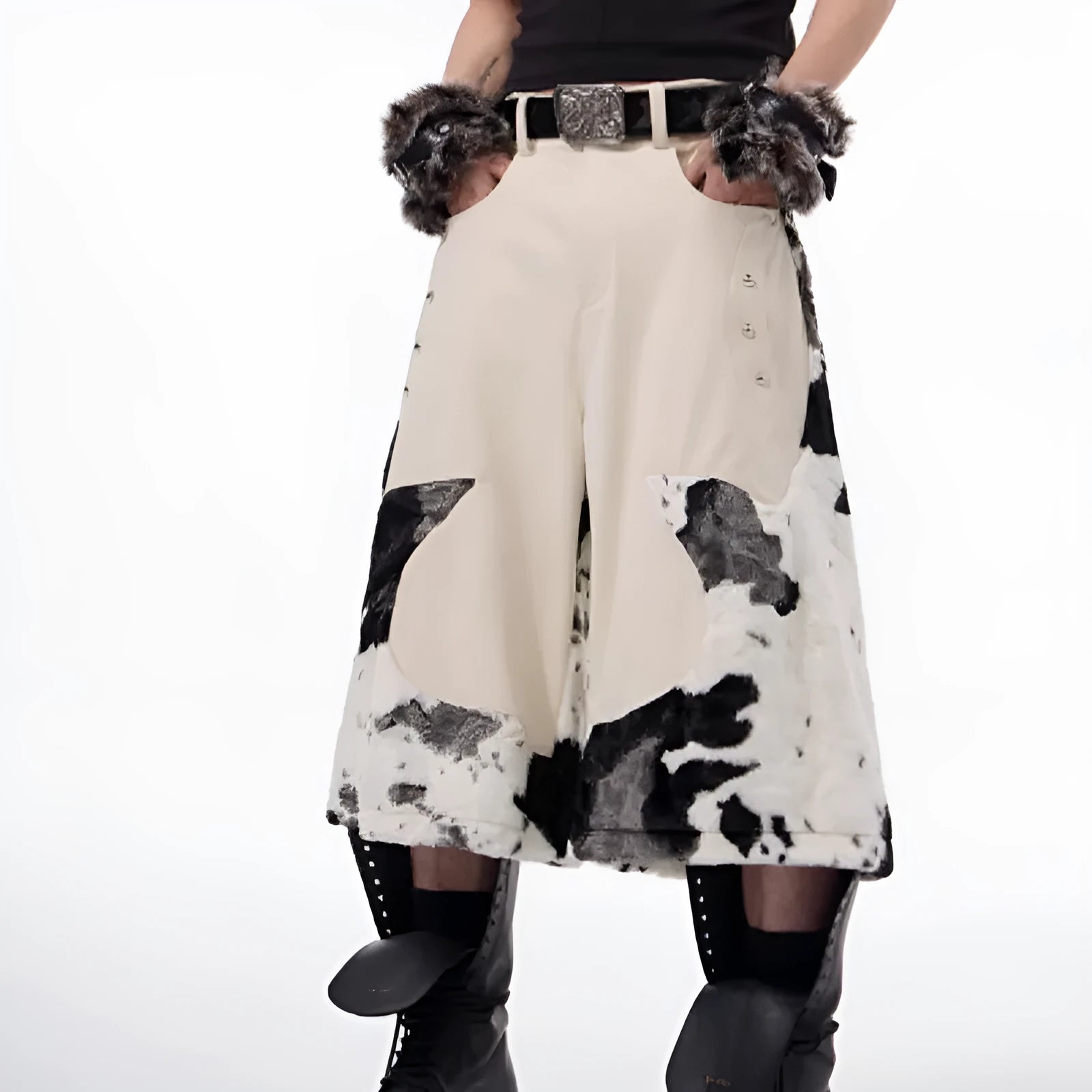 Fashionable milk fibre fur cropped trousers in a patterned design for teenagers.
