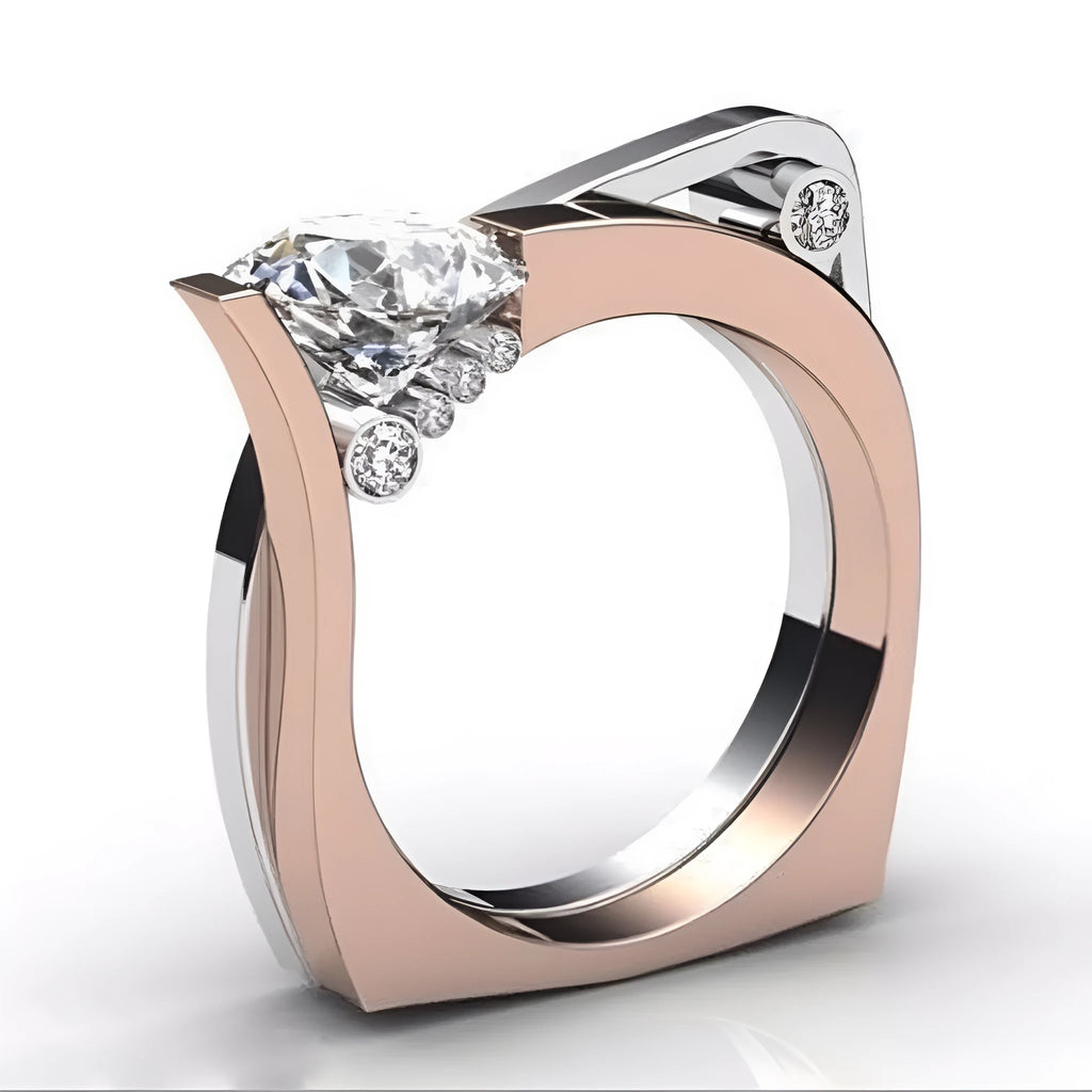 Rose gold geometric couple ring with a central inlaid zircon stone on a grey background.